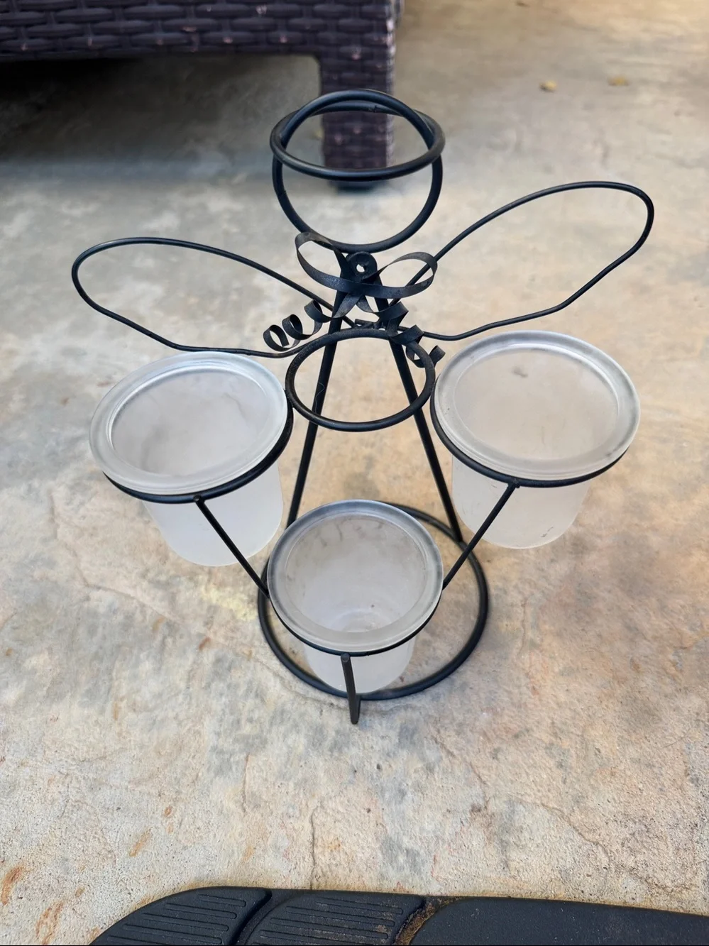 Black Metal Angel Votive Candle Holder with Frosted Glass Cups